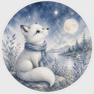 Fable, a white arctic fox in a soft blue scarf, gazing up at a star on a moonlit night.