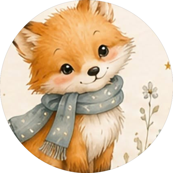 Close-up of Lumi the fox smiling in her blue scarf.