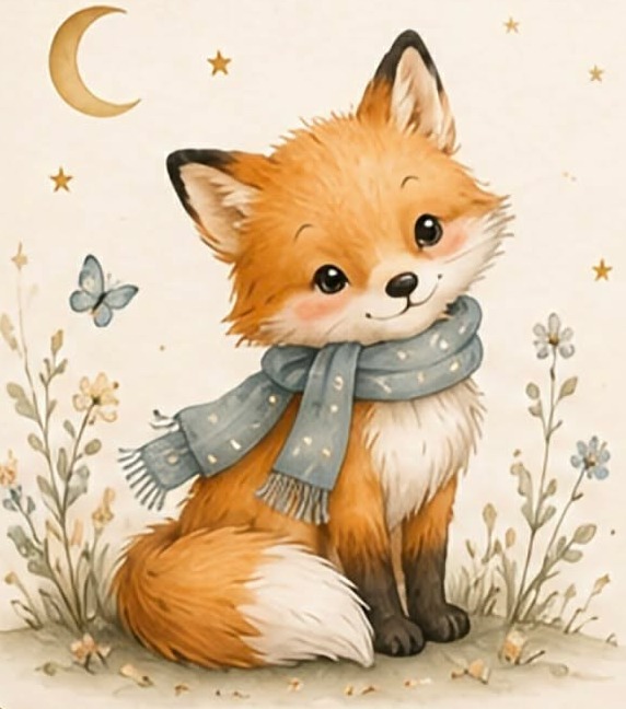 Lumi, a watercolor fox in a soft blue scarf, sitting under a crescent moon and stars among wildflowers.